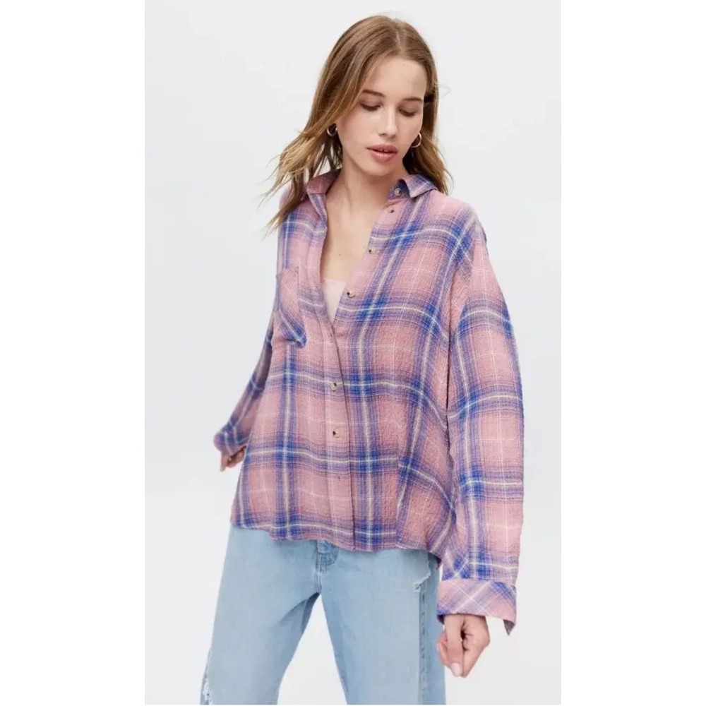 BDG Keanu Plaid Flannel Shirt Pink Blue Indie Grunge Urban‎ Outfitters M
